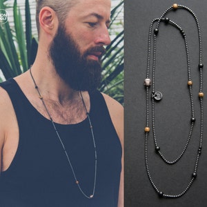 Gunmetal and Black mens gemstone necklace, Hematite Onyx Horn Wood Hematite and Buddha bead, long sophisticated necklace, Mens jewelry