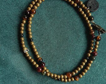 Tiger Eye + Hematite + Brass * double-strand bracelet brass SKULL