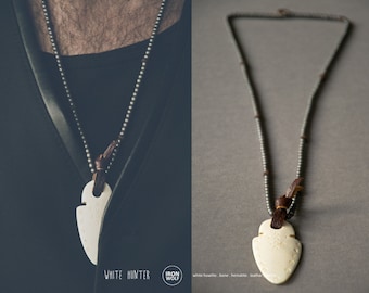 WHITE HUNTER Matte Hematite, Bone and Leather necklace / Burnt White Arrowhead Bone necklace / bone men's necklace / Arrowhead bone pendant
