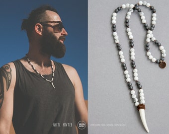 WHITE HUNTER White howlite, Hematite, Bone and Leather necklace / White Bone Tusk necklace /  bone tusk men's necklace / knotted necklace