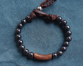 HORN PIECE Bracelet Men's Hematite and Leather