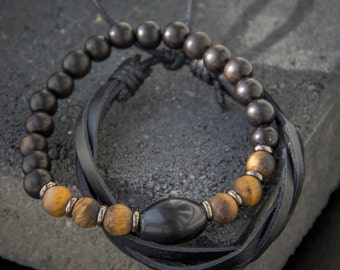 Men's TIGER EYE Quartz, Onyx, Ebony Wood and Leather Bracelet // bracelet set STACK