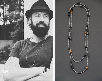 Black & Gunmetal necklace for Men Hematite Onyx Horn Wood necklace BLACK BONE SKULL bead