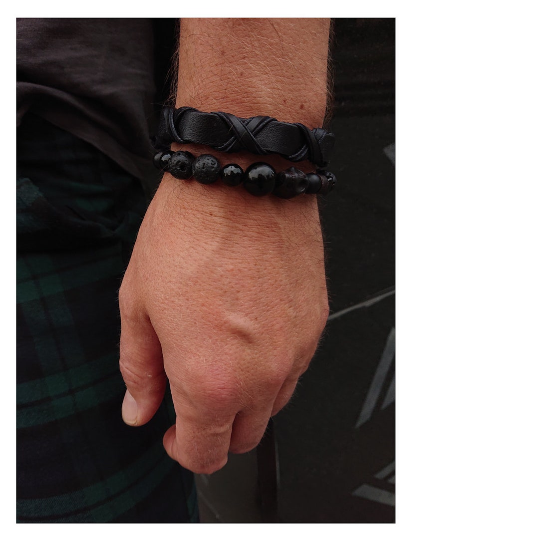 BLACK STONES Men's Black Bracelet Set / Lava Leather Etsy
