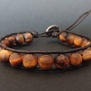 Mens Gemstone Bead and Leather Bracelet, frosted TIGER EYE quartz and Black Leather Minimalist Bracelet For Men- Brown And Black