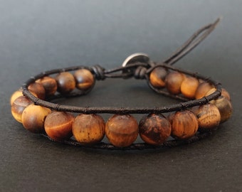 Men's TIGER EYE Leather Bracelet + Matte Quartz