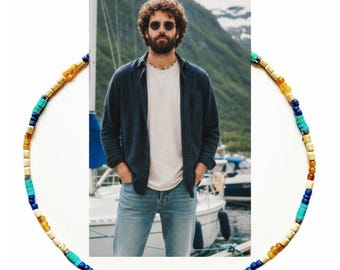 Mens Turquoise Beaded Necklace, Earthy Horn Beaded Choker, Surfer Jewelry for Him, Handcrafted Summer Jewelry, Marina beads