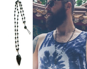 obsidian DRAGON GLASS ROSARY necklace Onyx + Obsidian necklace / Obsiadian Glass Arrowhead pendant / black men's necklace all black necklace