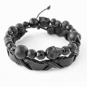 BLACK STONES and Leather Mens Bracelet Set: Lava, Leather, Onyx, Wood and Skulls bracelet stack