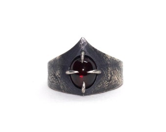 Witch&#39;s Ring Rich Garnet Ring In Sterling Silver Brutalist Futuristic Dark Cyberpunk Knight Medieval Norse