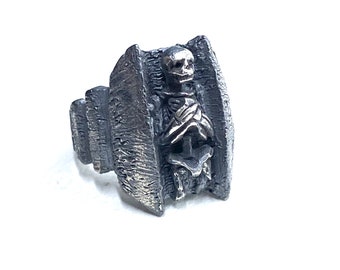 Memento Mori Ring Sterling silver Medieval Ancient Goth Oxidized Dark Fashion Signet Hand Carved Witchy Santa Muerte Death Gothic Victorian
