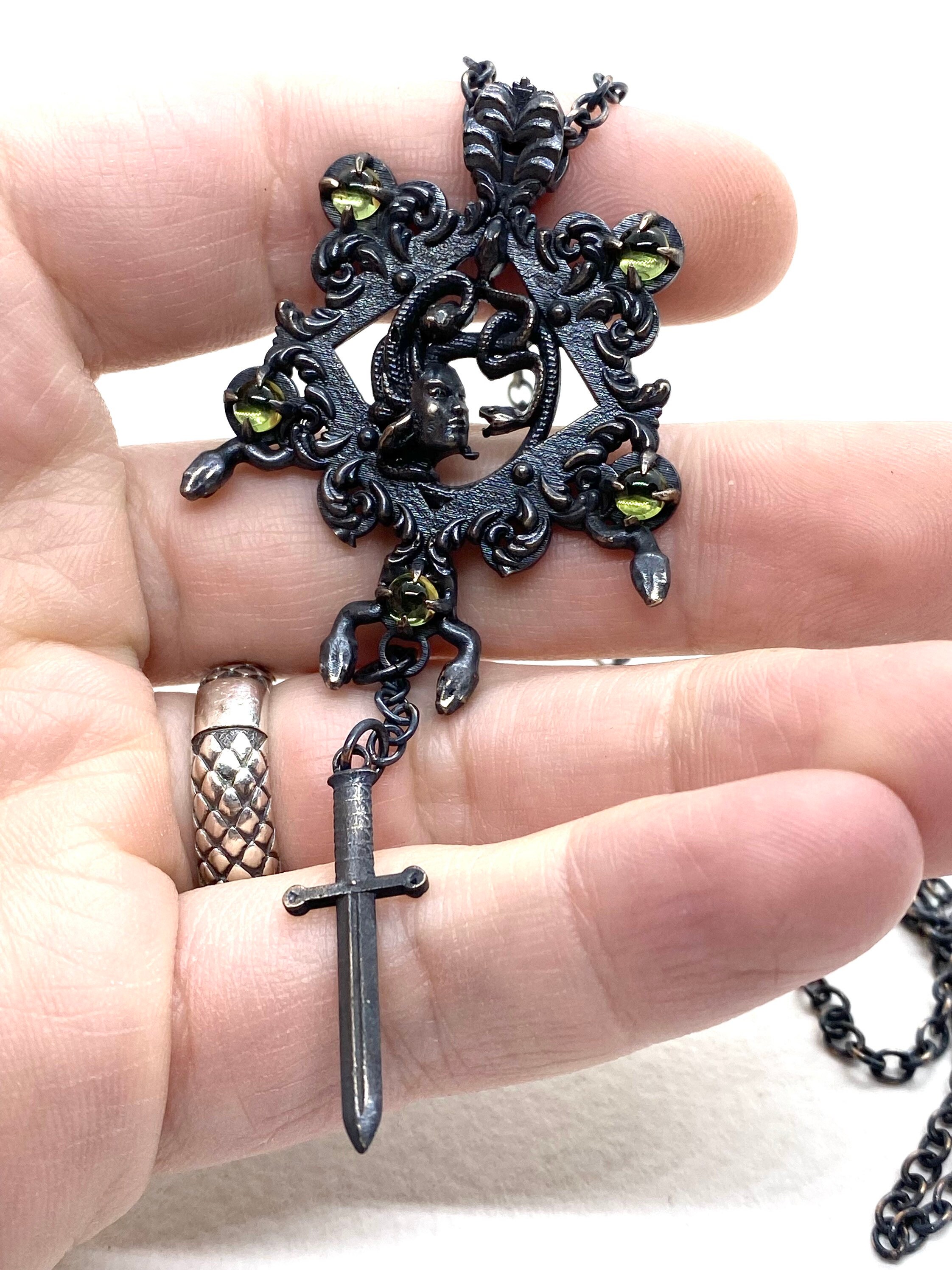 Medusa Shrine Necklace With Peridot in Bronze Witchy Gothic Chain ...