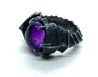 Black Knight’s Ring in Sterling silver and Amethyst  Medieval Ancient LOTR Oxidized Dark Fashion Signet Hand Carved