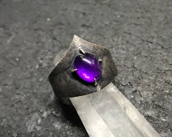 Ancient Kings Series Witche's Finger Rich Amethyst Ring In Sterling Silver Brutalist Futuristic Dark Cyberpunk Knight Medieval Norse