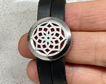 Stainless Steel Locket Diffuser Bracelet: Black Faux Leather Aromatherapy Wristband