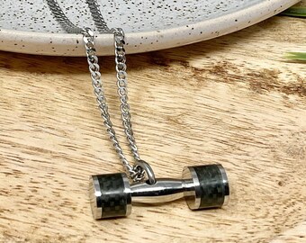 Stainless Steel Dumbbell Necklace: Fitness Gym Jewelry, 24in Curb Chain