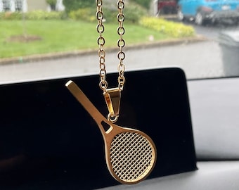 Tennis Racket Car Charm, Gold Car Rear View Mirror Hanger