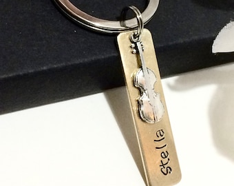 Personalized Violin Keychain, Brass Musical Instrument Key Ring