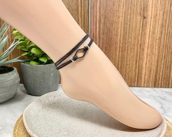 Topaz Stainless Steel Anklet: Waxed Cotton Cord, Adjustable