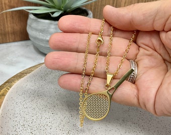 Gold Tennis Racket Necklace, Stainless Steel Sports Jewelry