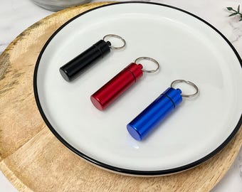 Aluminum Pill Container Keychain: Capsule Pendant - Red, Blue, Black