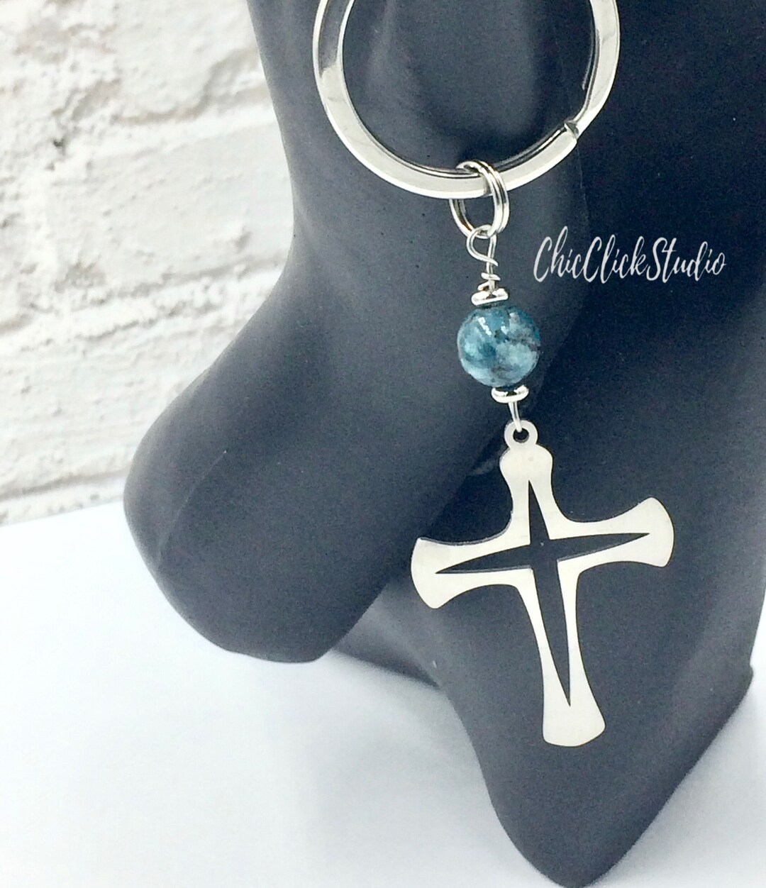Stainless Steel Cross Key Ring - Natural Stone Bead Charm - Etsy