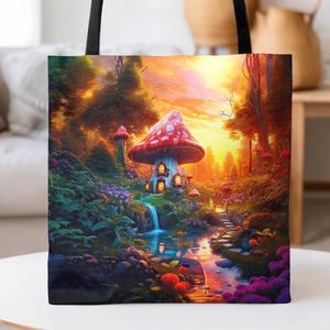 Fairy House At Sunset Tote Bag-Magical Fairytale Art-Fantasy Tote Bag-Fairy House Book Bag-Gift For Her-Fairy Art Market Bag