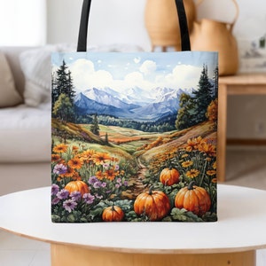 Watercolor Field Of Pumpkins And Wildflowers Tote Bag-Country Living Decor-Farmhouse Style Market Bag-Eco-Friendly Overnight Tote Bag