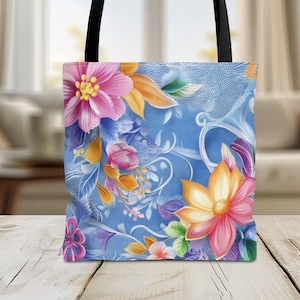 Denim & Lace Floral Art Tote Bag-Floral Market Bag-Shabby Chic Overnight Bag-Gift For Mom, Wife, Girlfriend-Countrycore Art-Flowers Book Bag