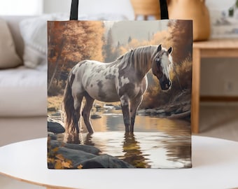 Horse In Autumn Tote Bag-Watercolor Country Chic Tote Bag-Horse Tote Bag-Farmhouse Decor-Horse Market Tote Bag