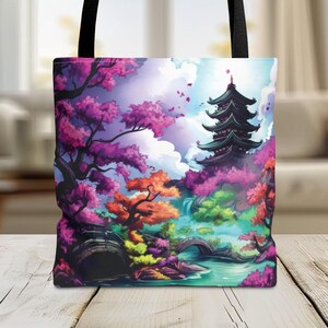 Japanese Landscape Tote Bag,-Watercolor Ancient Japan Market-Whimsical Japanese Art Gift-3 Sizes Available, Japanese Tote Bag, Gift For