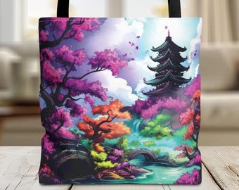 Japanese Landscape Tote Bag,-Watercolor Ancient Japan Market-Whimsical Japanese Art Gift-3 Sizes Available, Japanese Tote Bag, Gift For