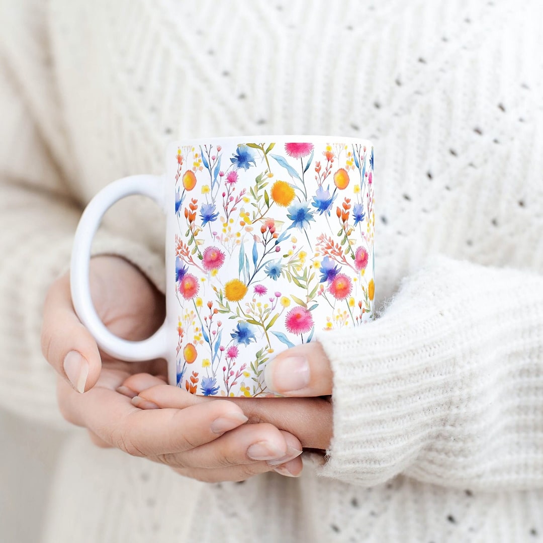 Pressed Flowers Coffee Mugwildflowers Mugwildflower Coffee Cupbotanical Mugpastel Flower