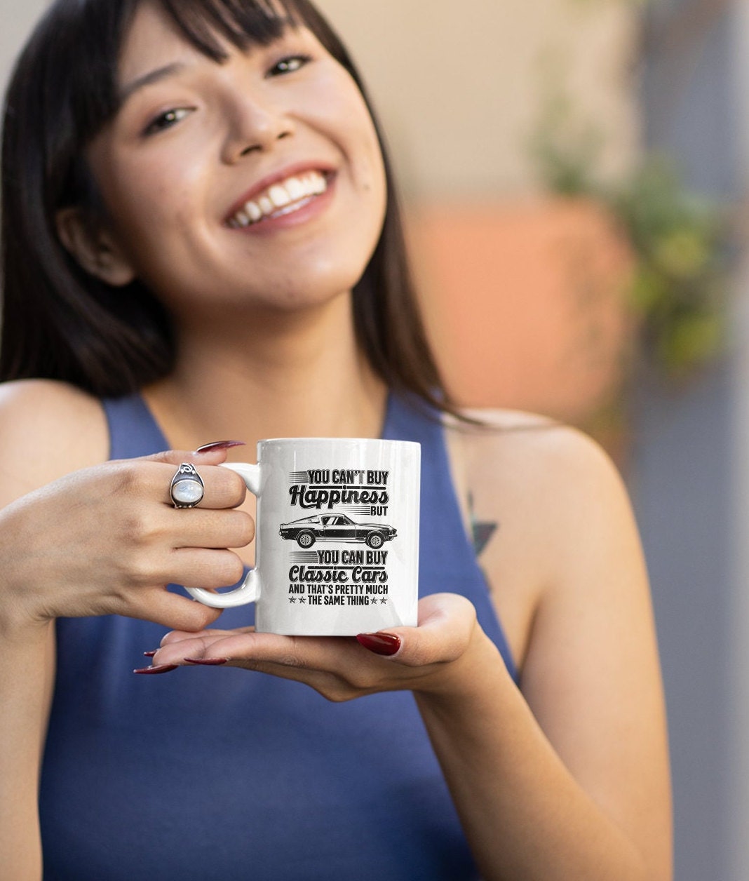 Funny Classic Car Lover Mug - "Can't Buy Happiness... Can Buy Classic Cars" Ceramic, 11 Oz, White
