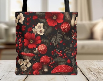 Floral Mushroom Tote Bag-Eco-Friendly Reusable Shopping Botanical Art-Cottagecore Aesthetic-Nature Inspired Canvas Tote-Gift For Her