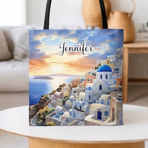 Personalized Watercolor Santorini Greece Tote Bag-Custom Name Tote Bag-Personalized Vacation Tote Bag-Travel Lover Gift