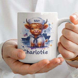 Personalized Navy Coffee Mug-Navy Highland Cow Mug-Military Gift-Custom Name Sailor Gift-Proud Veteran Navy Gift-Navy Mom-Navy Dad-Cute Navy