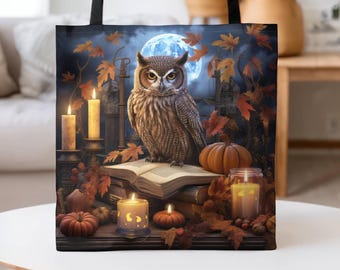 Halloween Tote Bag-Gothic Style Tote Bag-Eco-friendly Tote Bag-Trick Or Treat Bag-Halloween Owl Tote-Witch Gift-Gift For Her