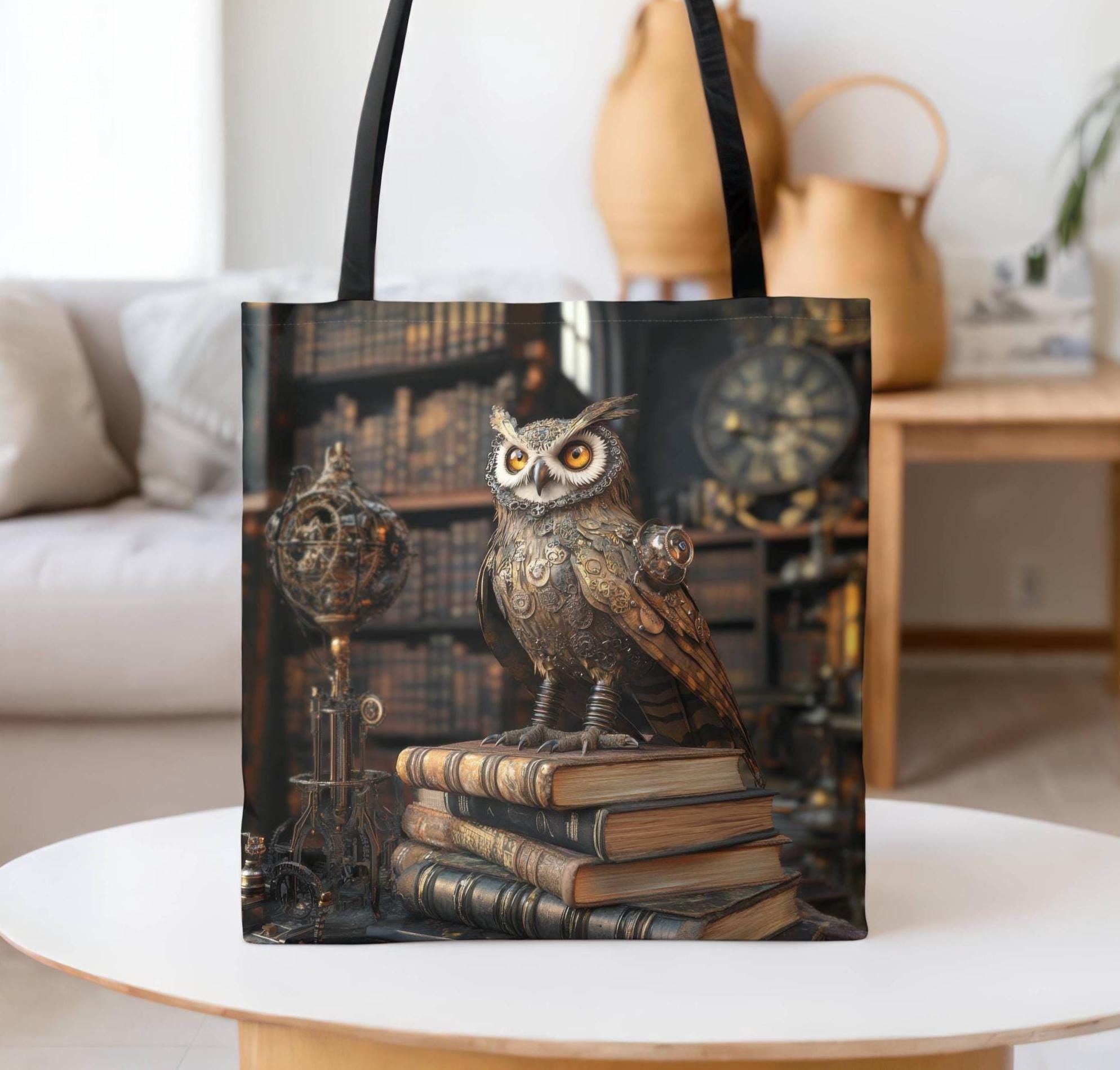 Steampunk Owl Tote Bag-Victorian Art Market Bag-Owl Steampunk Art-Fantasy Art Overnight Bag-Steampun