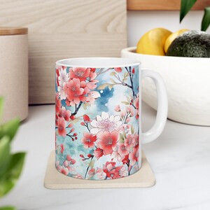 Japanese Floral Design Coffee Mug-Cherry Blossom Coffee Cup-Pastel Flower Design Coffee Mug-Watercolor Sakura Flower Mug