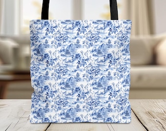 Traditional Blue and White Chinoiserie Garden Tote Bag-Chinese Art Market Bag-Asian Art Book Bag-Eco-Friendly Tote-Comes in 3 Sizes