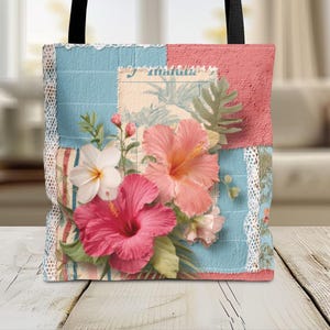 Shabby Chic Flowers And Lace Tote Bag-Cottagecore Tote Bag-Botanical Art-Gift for Her-Floral Collage Market Bag-Eco-Friendly Grocery Bag