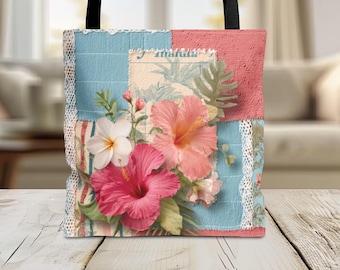Shabby Chic Flowers And Lace Tote Bag-Cottagecore Tote Bag-Botanical Art-Gift for Her-Floral Collage Market Bag-Eco-Friendly Grocery Bag