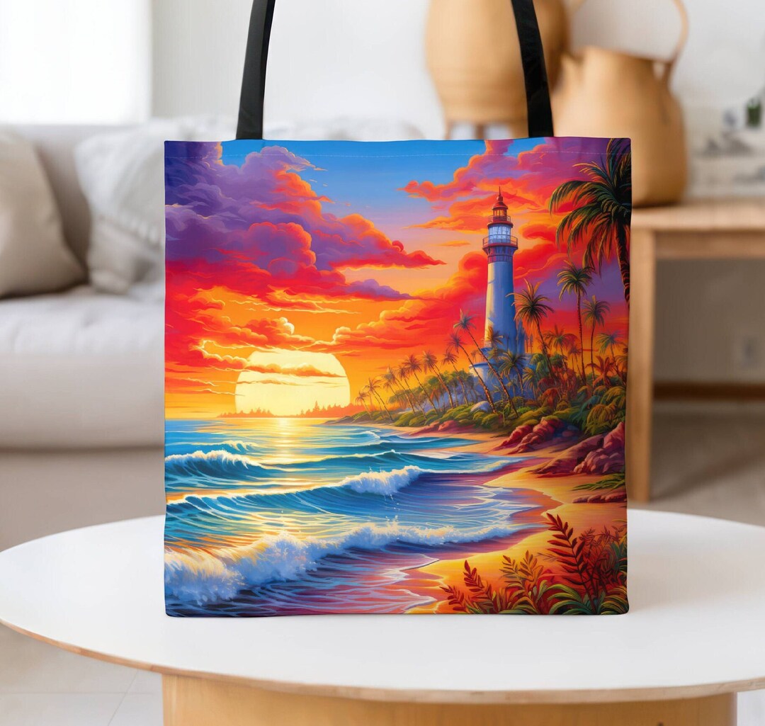 Lighthouse Tote Bag-watercolor Tropical Lighthouse Tote Bag-nautical ...