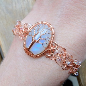 Wire crochet tree bracelet with a moonstone
