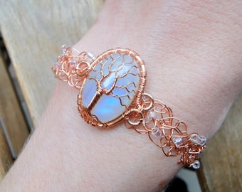 Wire crochet tree bracelet with a moonstone