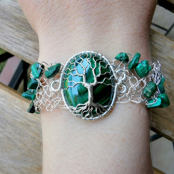 Wire crochet tree bracelet with malachite gemstones