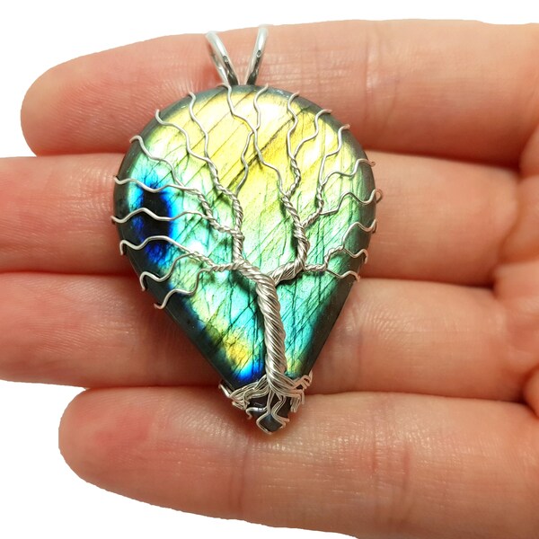 FREE SHIPPING Wire wrap tree of life pendant with genuine labradorite gemstone