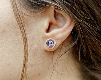 Tree stud earrings with amethyst gemstones