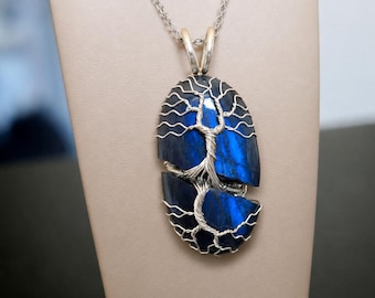 Tree pendant with a broken labradorite gemstone
